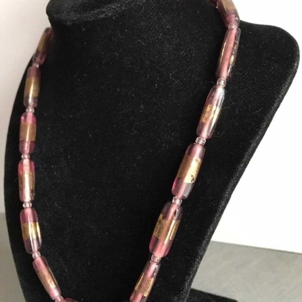 Vintage Purple with Gold Indian Glass Necklace Sterling Silver Clasp 19.5" - Picture 3 of 8